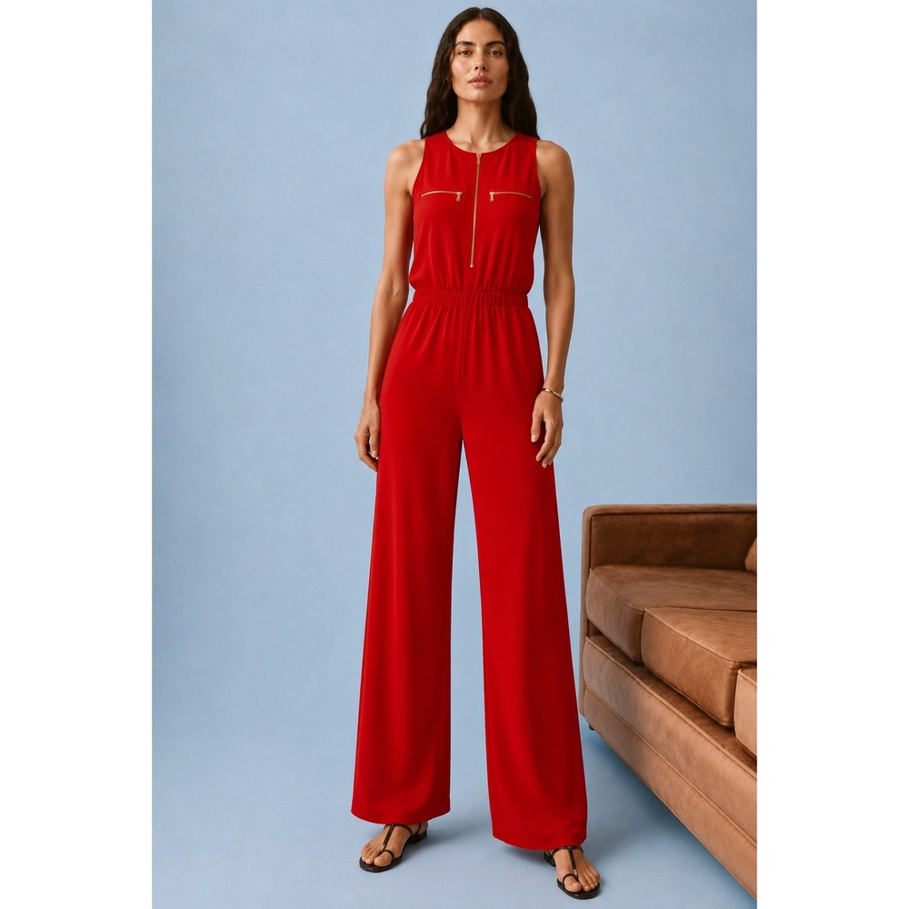 Boston Proper Beyond Travel Red Sleeveless Zip Front Jumpsuit XS Gold Hardware